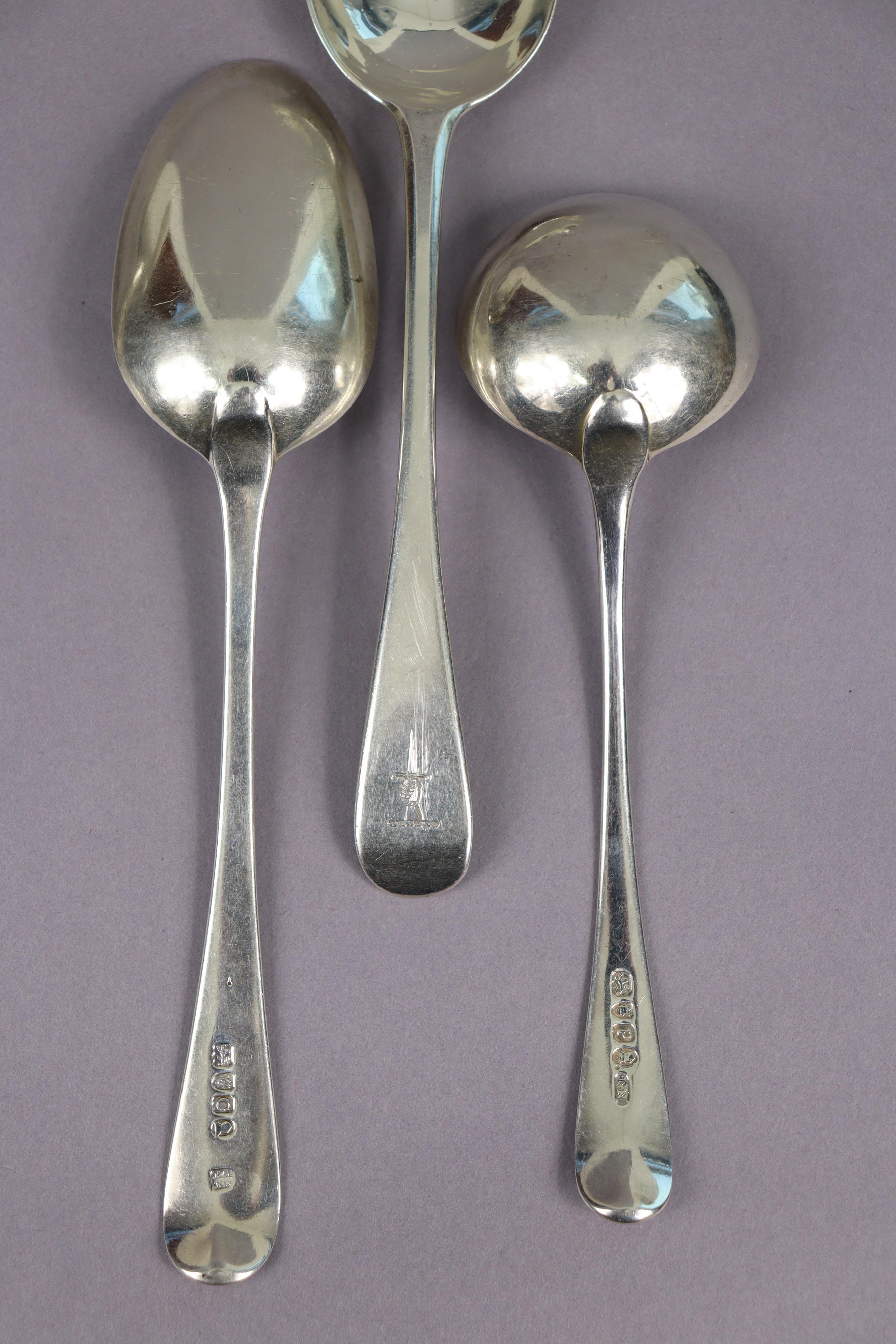 Three George III silver Old English table spoons, London 1798 by Wm Eley & Wm Fearn; & a ditto sauce - Image 2 of 2