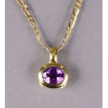 An oval amethyst pendant set in 18ct gold mount, on 9ct gold 14” chain necklace (pendant: 6.2g,