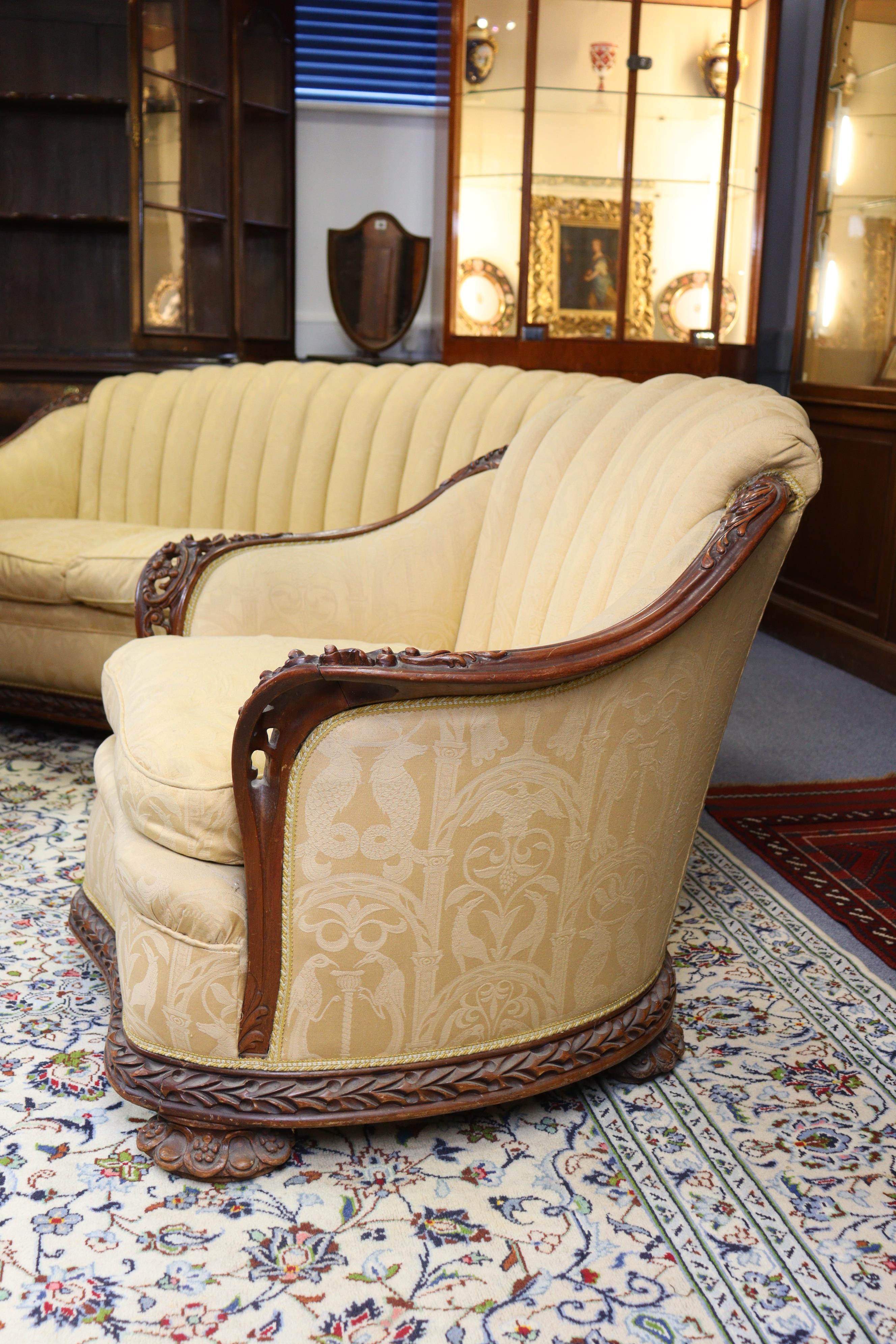 A Victorian mahogany frame three-piece suite, comprising a two-seater sofa and pair of armchairs, ea - Image 2 of 8