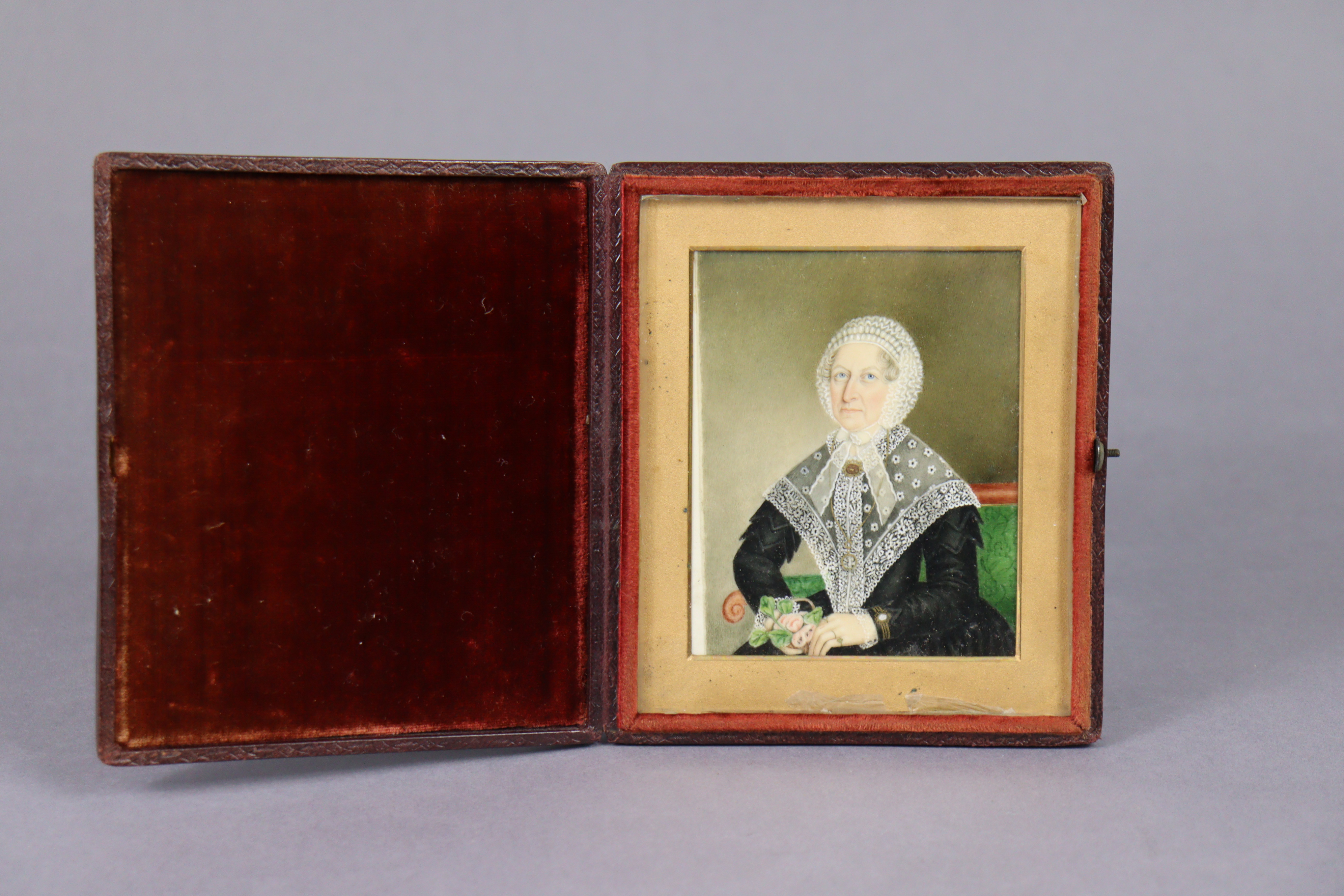 ENGLISH SCHOOL, 19th century. A portrait miniature of an elderly lady wearing lace bonnet ( - Image 2 of 3