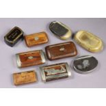 A collection of nine various 19th century pocket snuff boxes in different woods, horn, papier-mache,