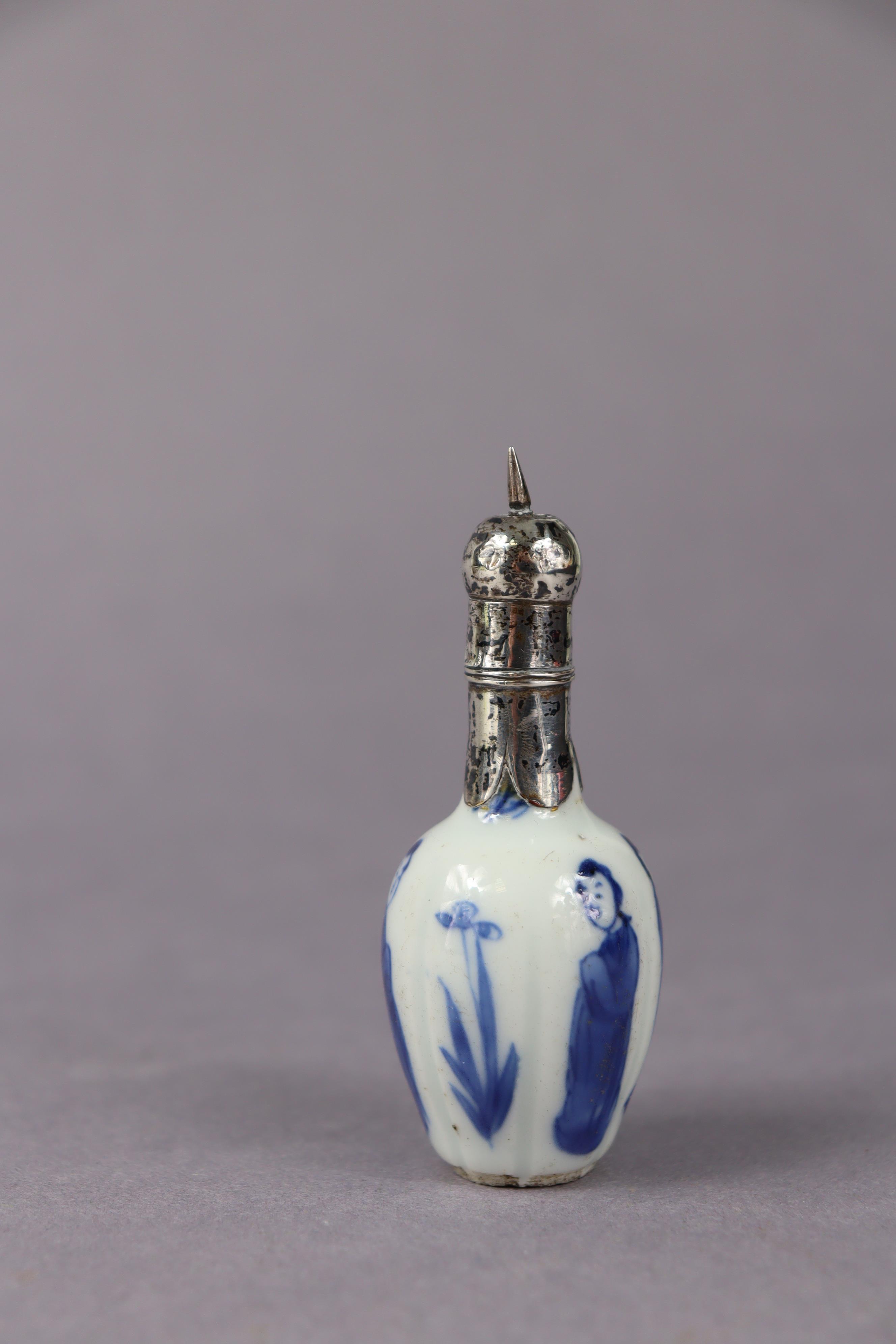 An early Chinese blue & white porcelain miniature lobed vase with standing figures & tall flowers, - Image 10 of 14
