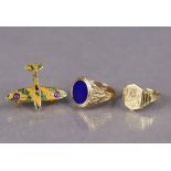 A 9ct gold signet ring with oval lapis-coloured matrix (5.6g); another 9ct gold signet ring (3.