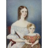 ENGLISH SCHOOL, circa 1835. A portrait miniature of Julia Maria Huyshe (née Hagar), her son Dunbar