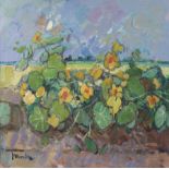 DONALD MANSON (Scottish, b. 1948) “Nasturtiums, Moon & Summer Field”; oil on board; 24” x 24”, in