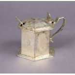A Victorian silver mustard pot of straight-sided hexagonal form, with slightly domed hinged lid, eng