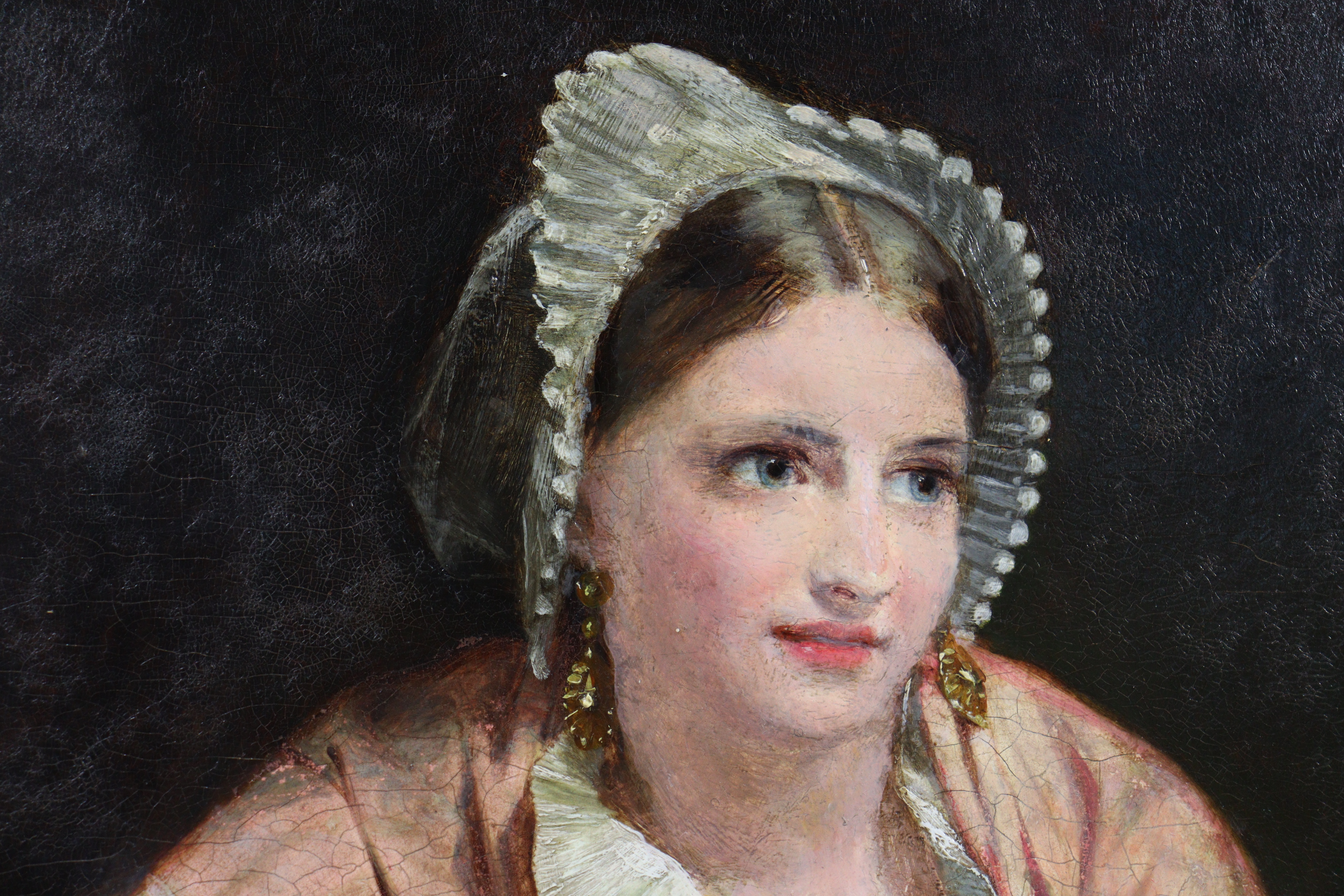 JAMES HAYLLAR, R.B.A. (1829-1920) Portrait of a lady wearing lace bonnet & pink shawl, signed with - Image 4 of 6