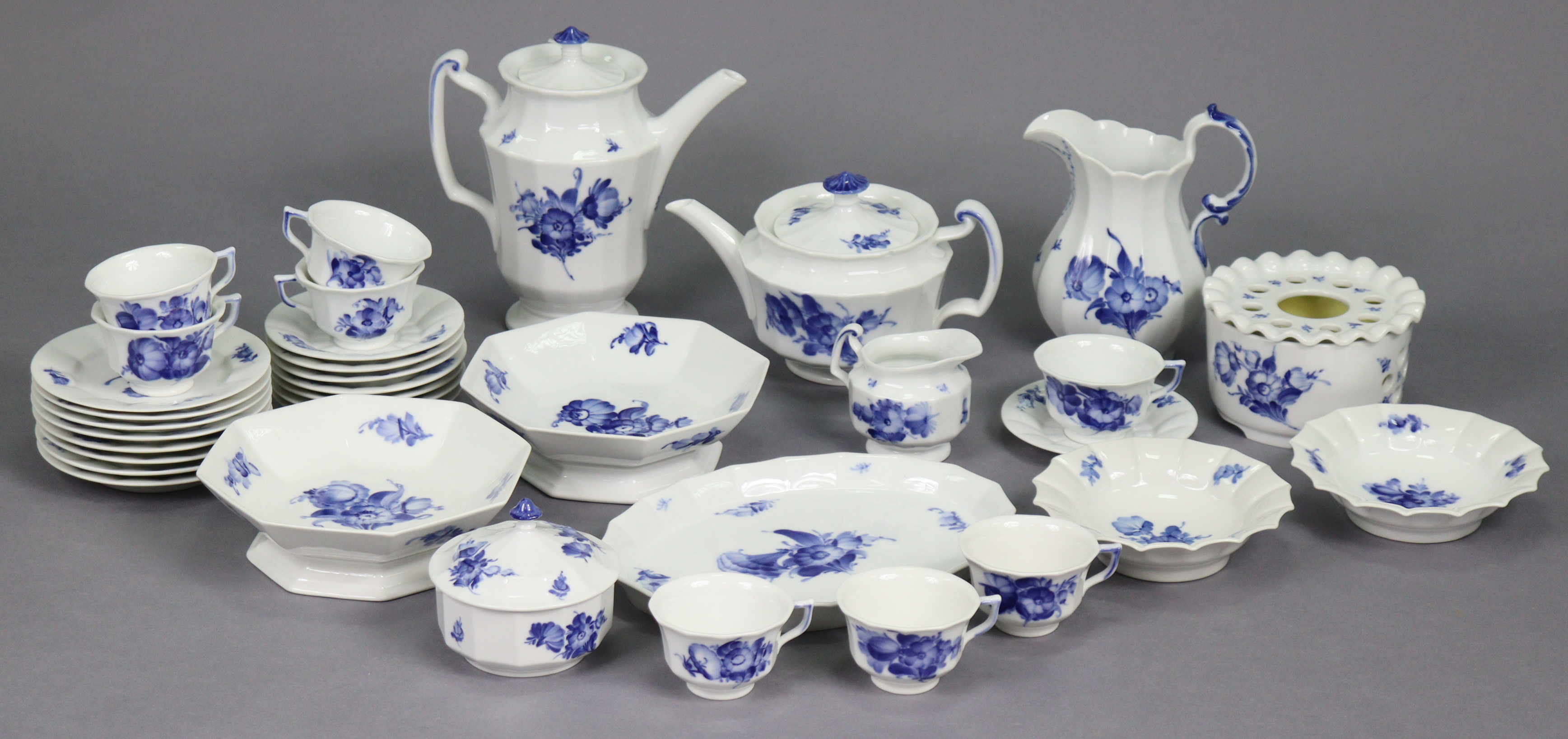 A Royal Copenhagen blue flower (pattern 8608) 35-piece tea & coffee service, comprising: a teapot,