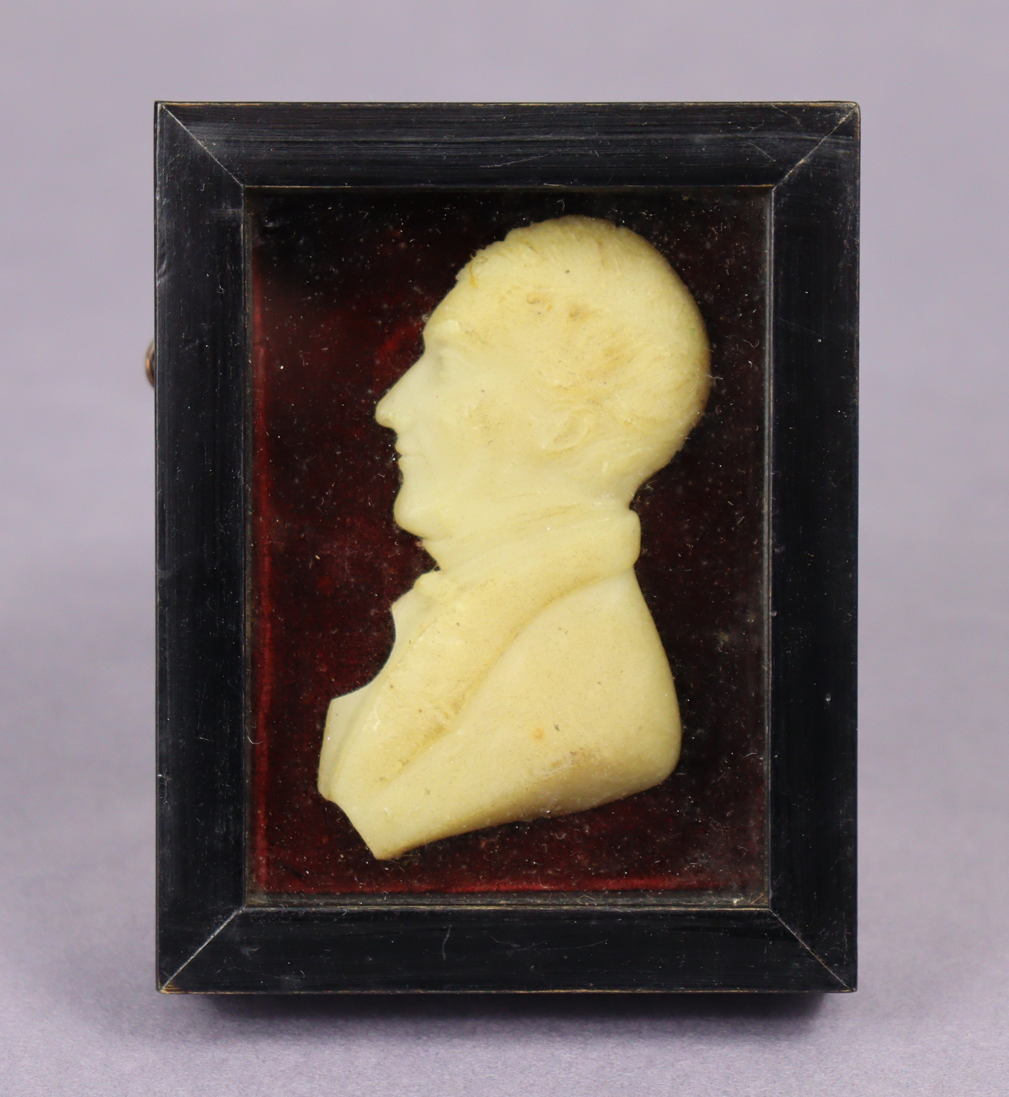 A 19th century wax relief portrait of Rev. John Huyshe, bust-length, in profile, mounted to velvet