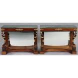A PAIR OF MAHOGANY, EBONISED & GILT EMPIRE-STYLE CONSOLE TABLES, by Brights of Nettlebed, each