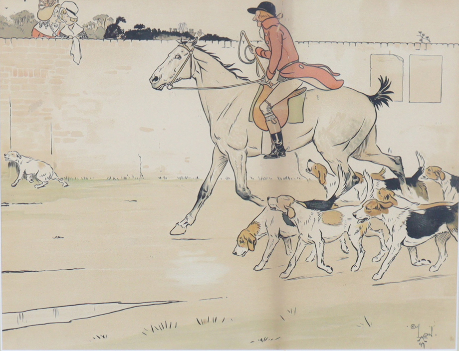 After CECIL ALDIN (1870-1935) A huntsman & hounds riding past a high wall, coloured lithograph, - Image 4 of 7