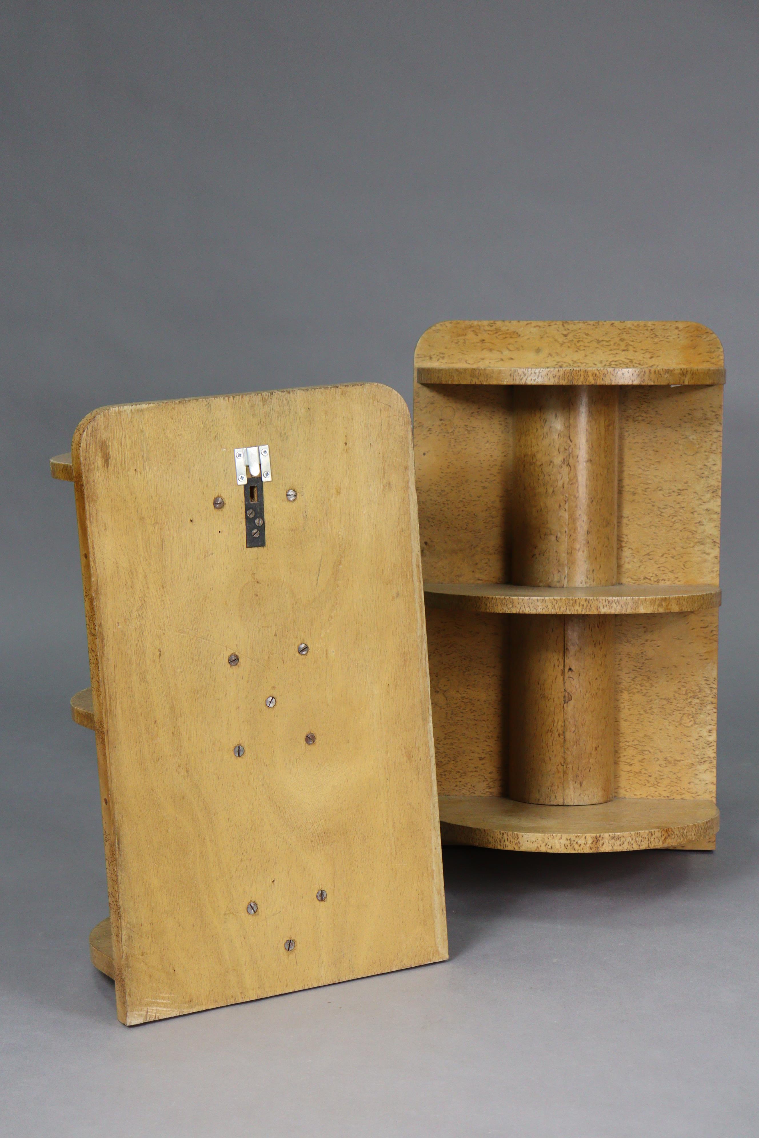 A pair of Art Deco birds-eye maple veneered demi-lune three tier wall shelves, 13.5" wide X 23.75" h - Image 5 of 5