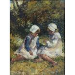 CONTINENTAL SCHOOL, late 19th century. Study of two girls in a landscape, signed “T. Von Berg” (?)