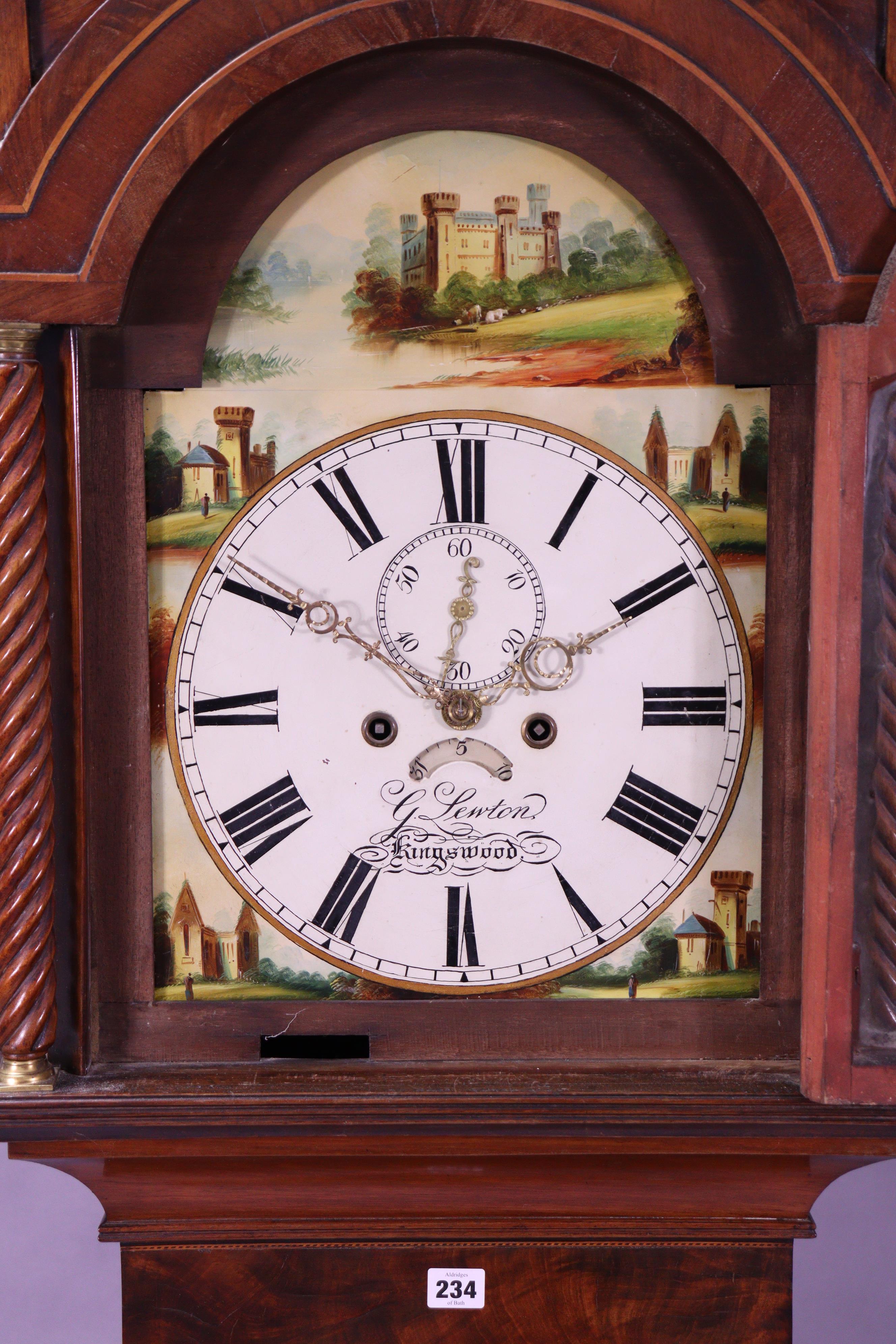 A 19th century longcase clock, the 12” painted dial signed “G. Lewton, Kingswood” with castle & - Image 2 of 5