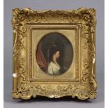 ENGLISH SCHOOL, late 18th century. Portrait of Mrs Edwards in profile, wearing lace headdress & silk