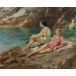 ROWLAND WHEELWRIGHT, R.B.A. (1870-1955). Two young ladies sunbathing on the rocks. Signed “R.