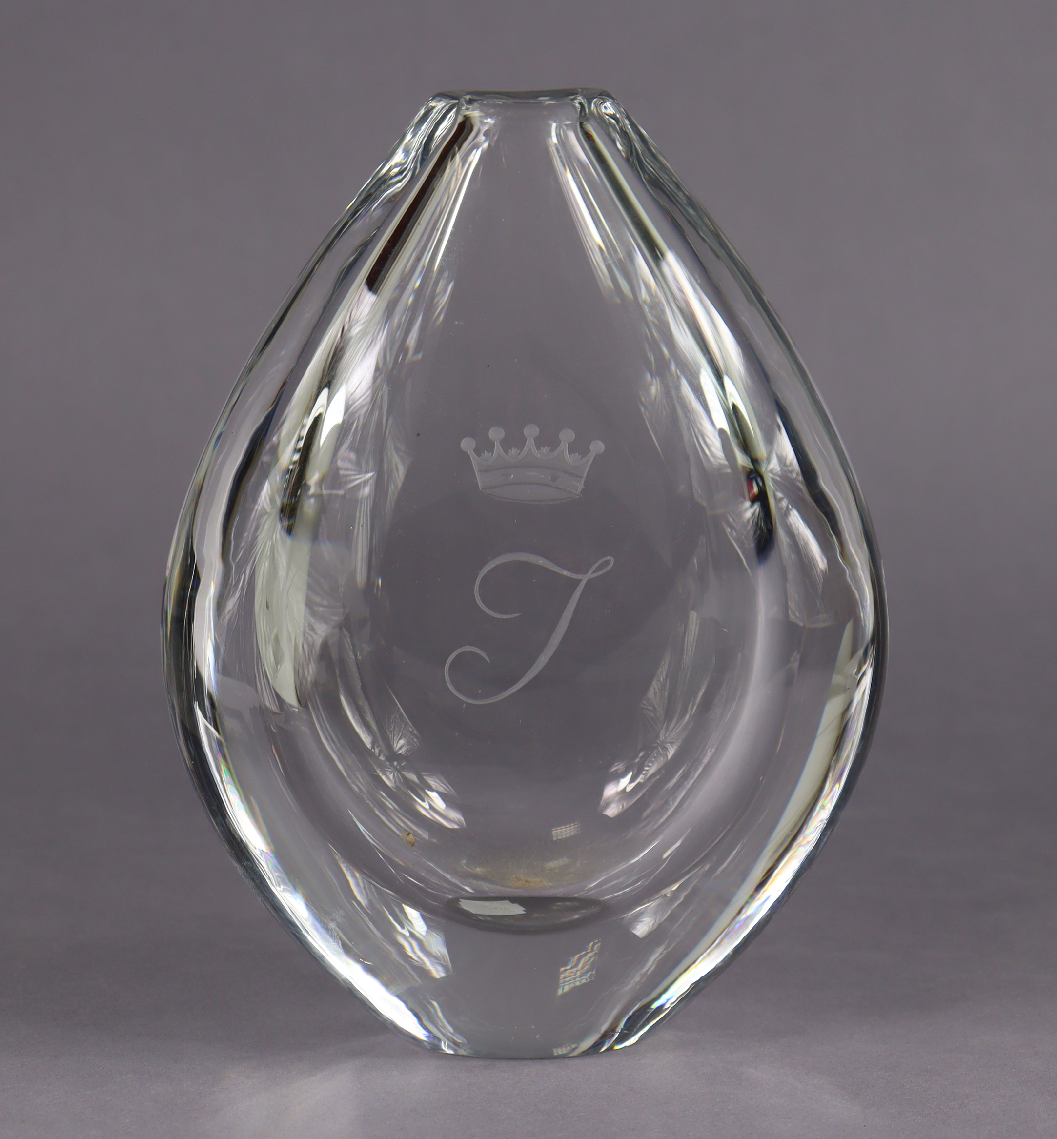 An Orrefors crystal glass vase designed by Sven Palmqvist, with etched ‘T’ monogram & coronet, inscr