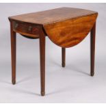 A Georgian mahogany drop-leaf side table with figured oval top, fitted frieze drawer to one end with