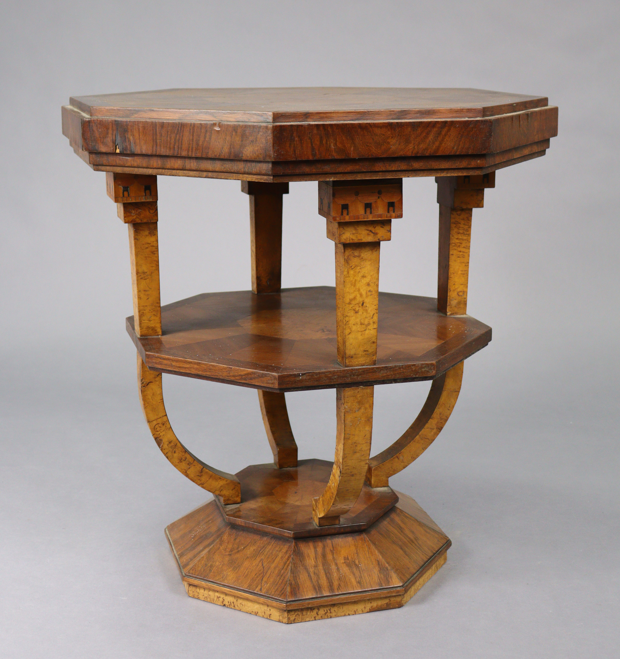 A mahogany Art Deco octagonal three-tier occasional table, each tier with amboyna-veneered centre - Image 2 of 3