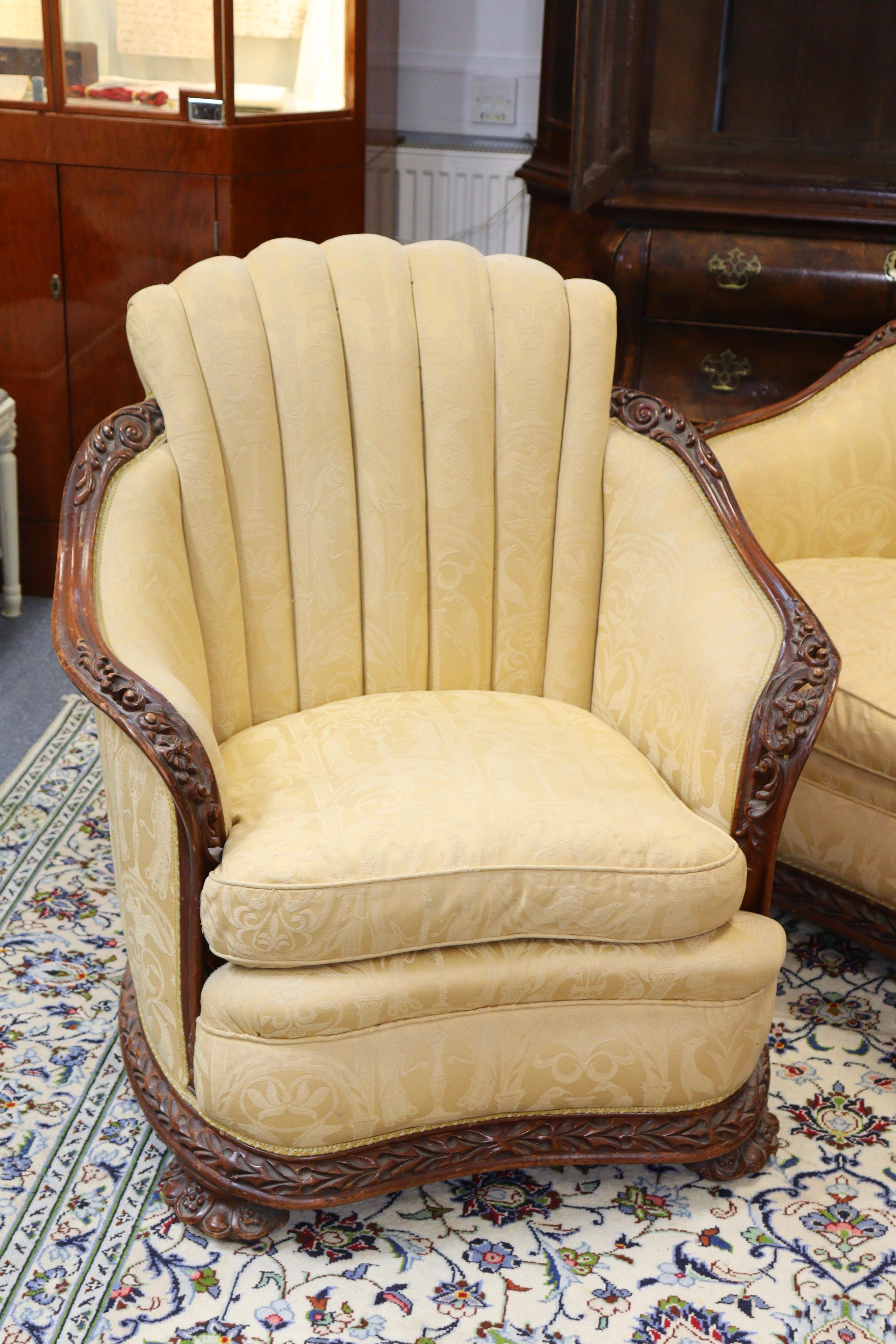 A Victorian mahogany frame three-piece suite, comprising a two-seater sofa and pair of armchairs, ea - Image 3 of 8