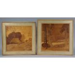 A pair of A.J. Rowley marquetry panels, titled “The Village” & “Sunset Landscape”, in matching paint
