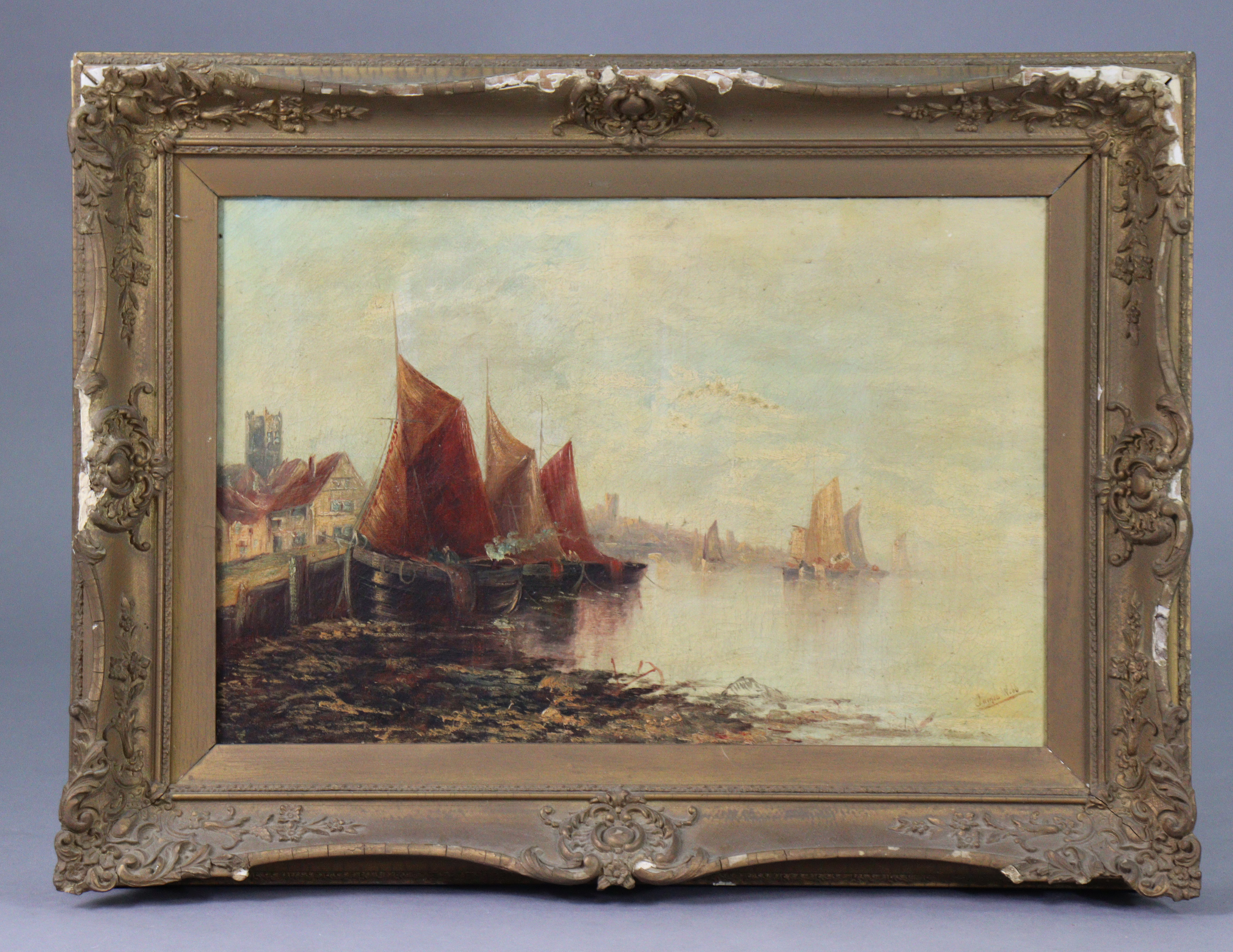 JAMES WEBB (1835-1895) A harbour scene with moored sailing vessels, signed lower right; oil on