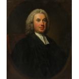 Manner of THOMAS HUDSON (1701-1779). Portrait of John Huyshe, head & shoulder length, wearing