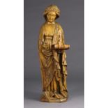 A carved limewood figure of St. Catherine, wearing floral crown, holding a book in her left hand (