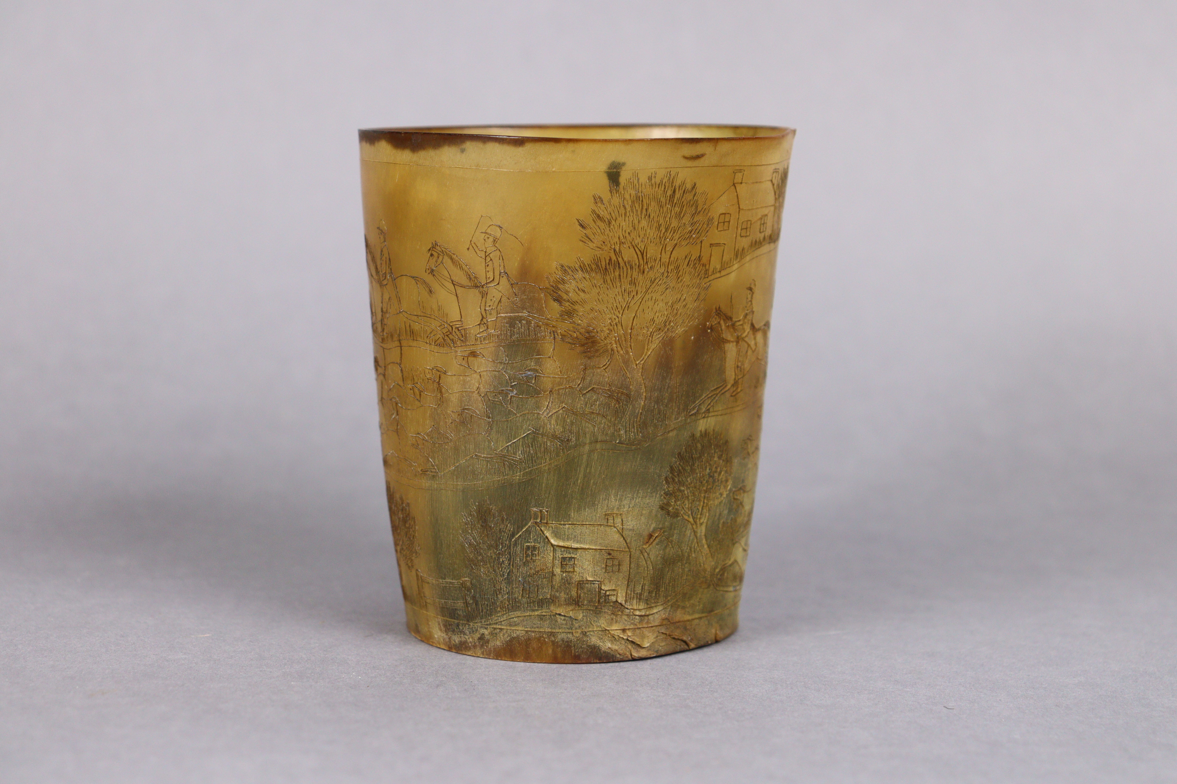 A 19th century horn beaker, all over engraved with a busy hunting scene, 4½” high x 4” dia. - Image 4 of 5