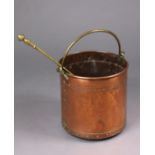 A 19th century copper cylindrical coal bucket, 12.5" high x 12" dia., & a brass 2' poker (tip bent).