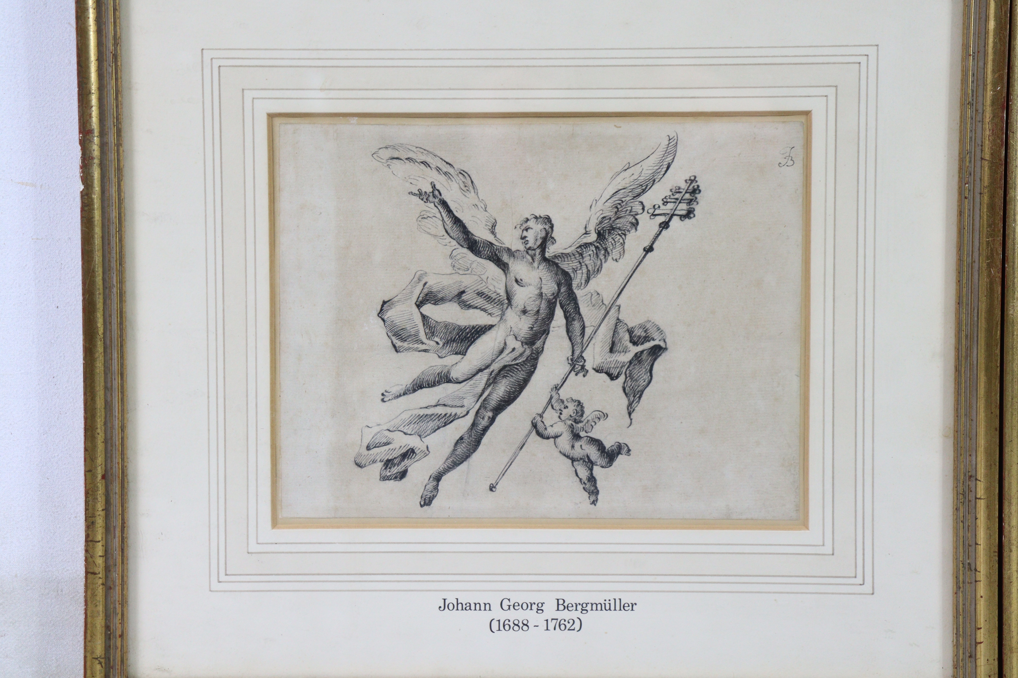 Attributed to JOHANN GEORGE BERGMÜLLER (1688-1762) A pair of pen drawings of winged harpies with - Image 2 of 6
