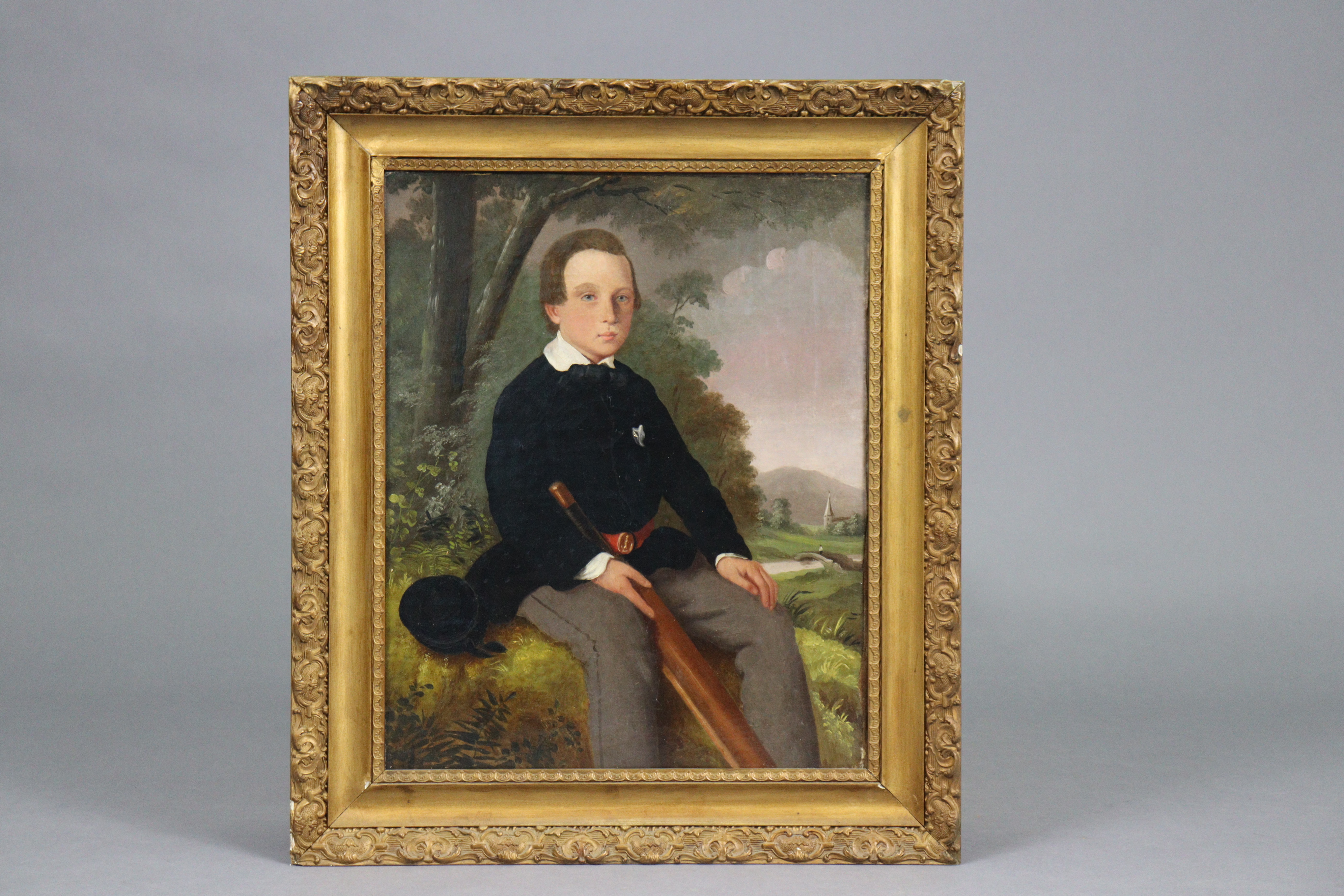 ENGLISH SCHOOL, early/mid-19th century. Portrait of a boy in a landscape holding cricket bat. Oil on - Image 2 of 3