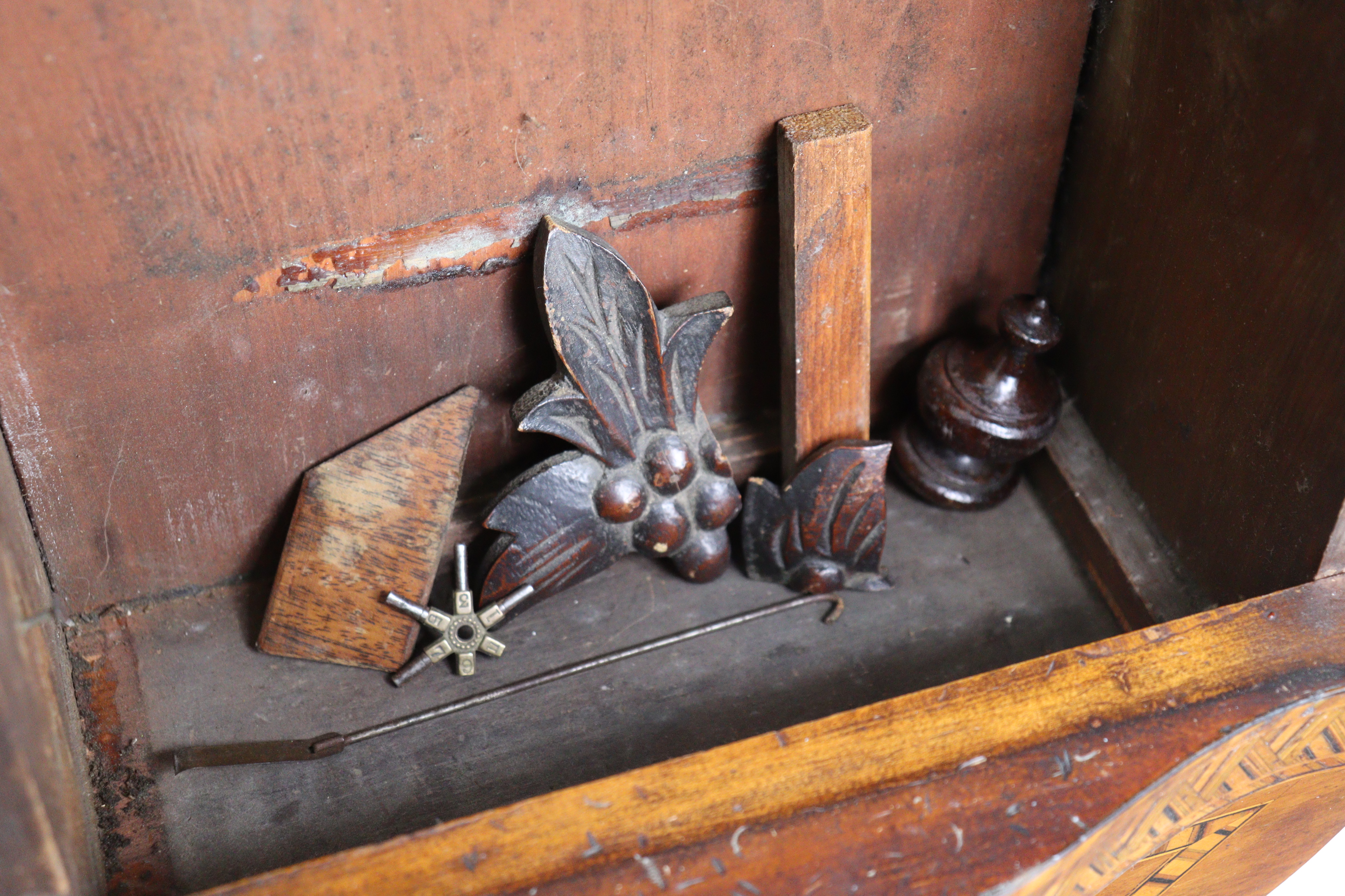 A 19th century wall clock in inlaid-walnut case, with painted dial & eight-day movement, 16” wide - Image 3 of 4