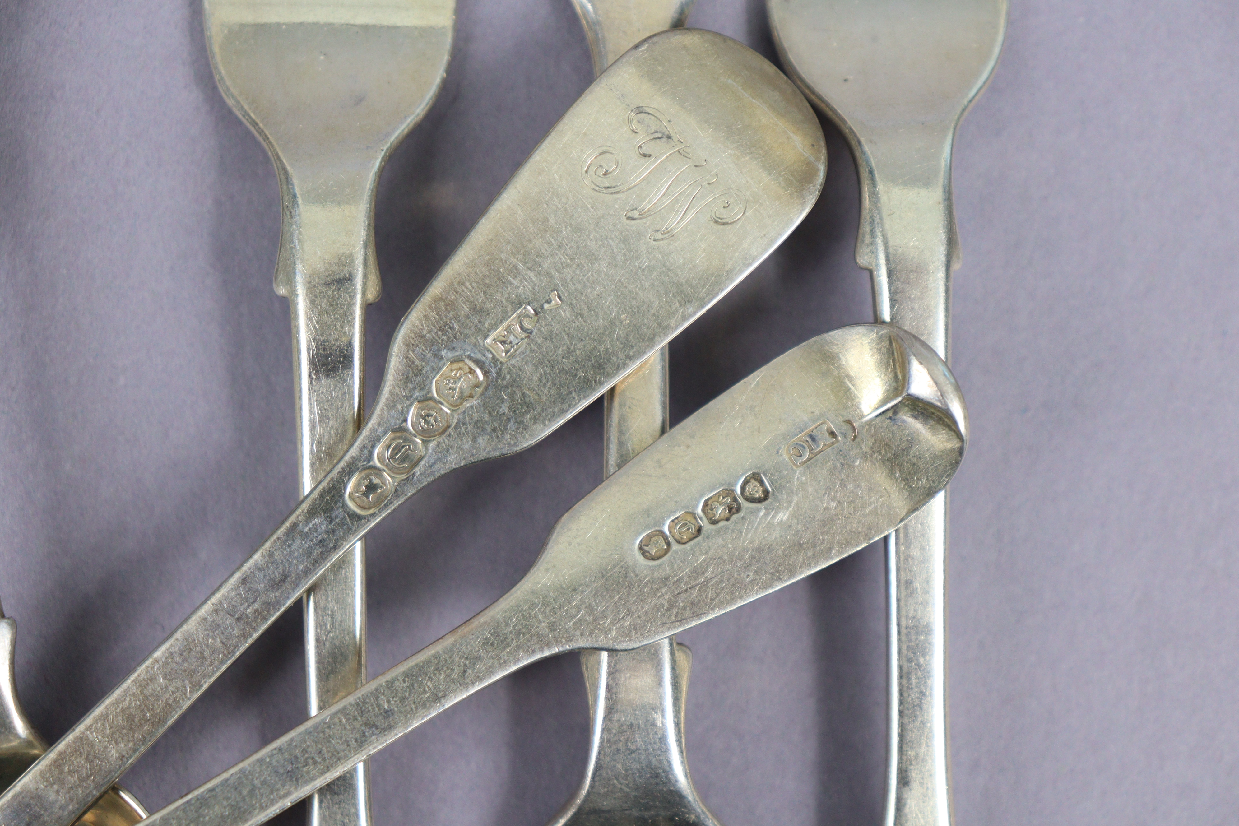 Five Victorian silver Fiddle pattern dessert forks, & four ditto teaspoons, London 1830 by Mary - Image 2 of 2