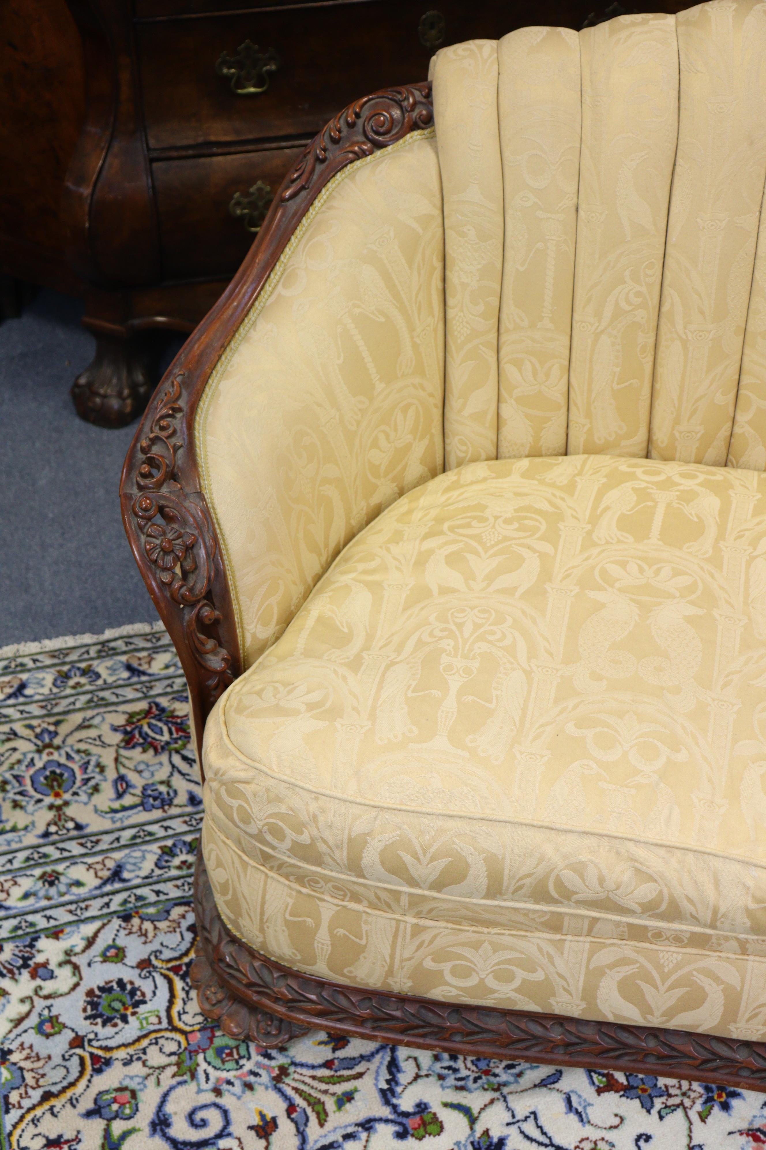 A Victorian mahogany frame three-piece suite, comprising a two-seater sofa and pair of armchairs, ea - Image 6 of 8