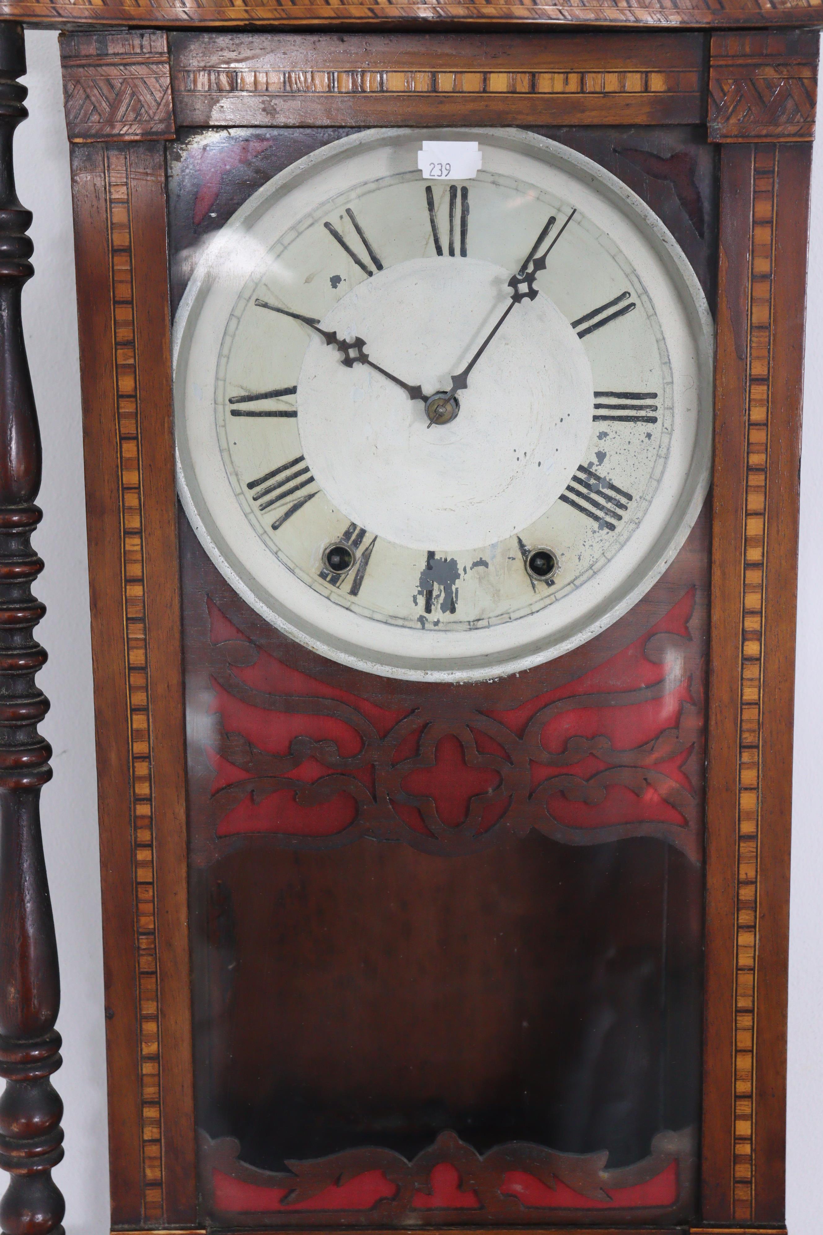 A 19th century wall clock in inlaid-walnut case, with painted dial & eight-day movement, 16” wide - Image 2 of 4