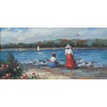 ENGLISH SCHOOL, 20th century. A river landscape with two girls on the shore watching boats on the