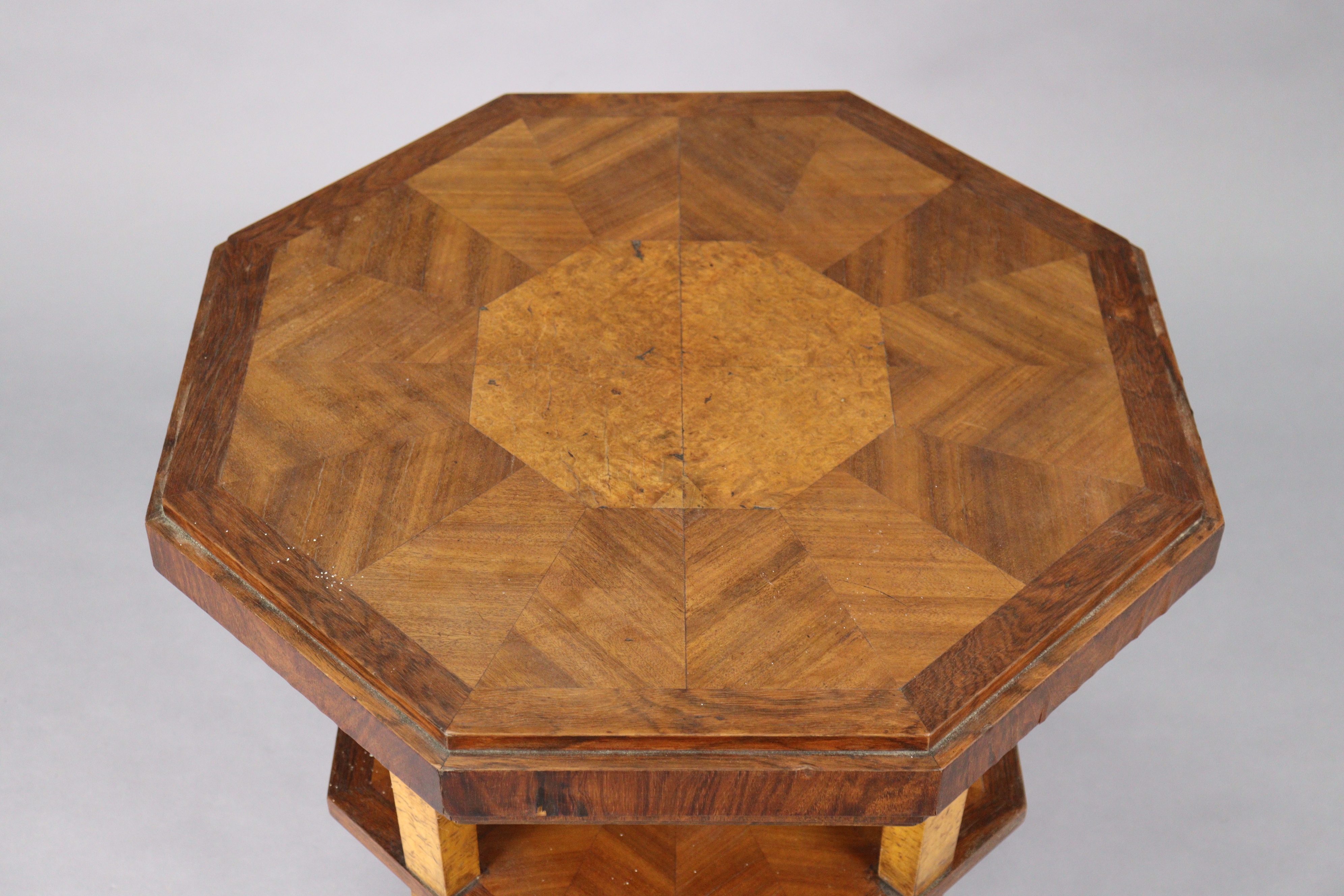 A mahogany Art Deco octagonal three-tier occasional table, each tier with amboyna-veneered centre - Image 3 of 3