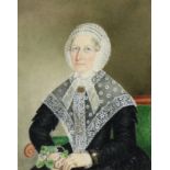 ENGLISH SCHOOL, 19th century. A portrait miniature of an elderly lady wearing lace bonnet (
