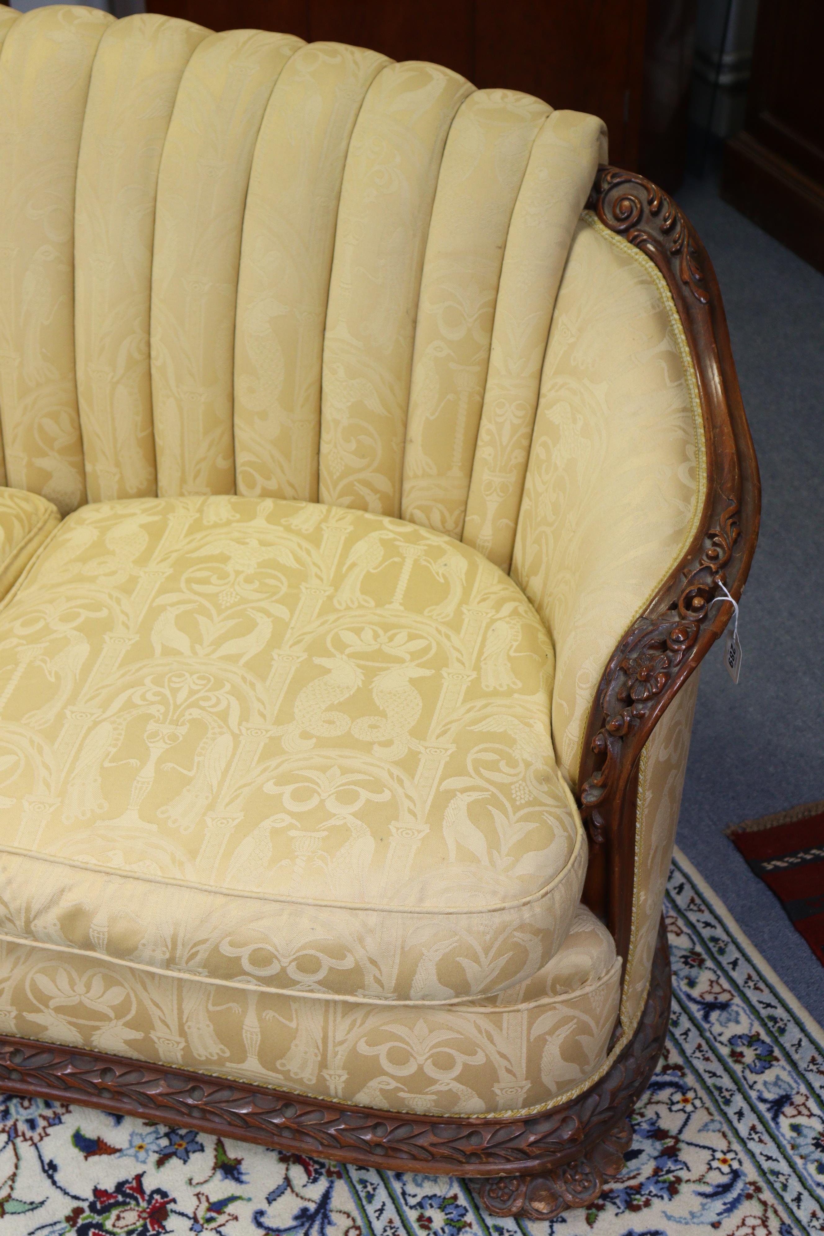 A Victorian mahogany frame three-piece suite, comprising a two-seater sofa and pair of armchairs, ea - Image 5 of 8
