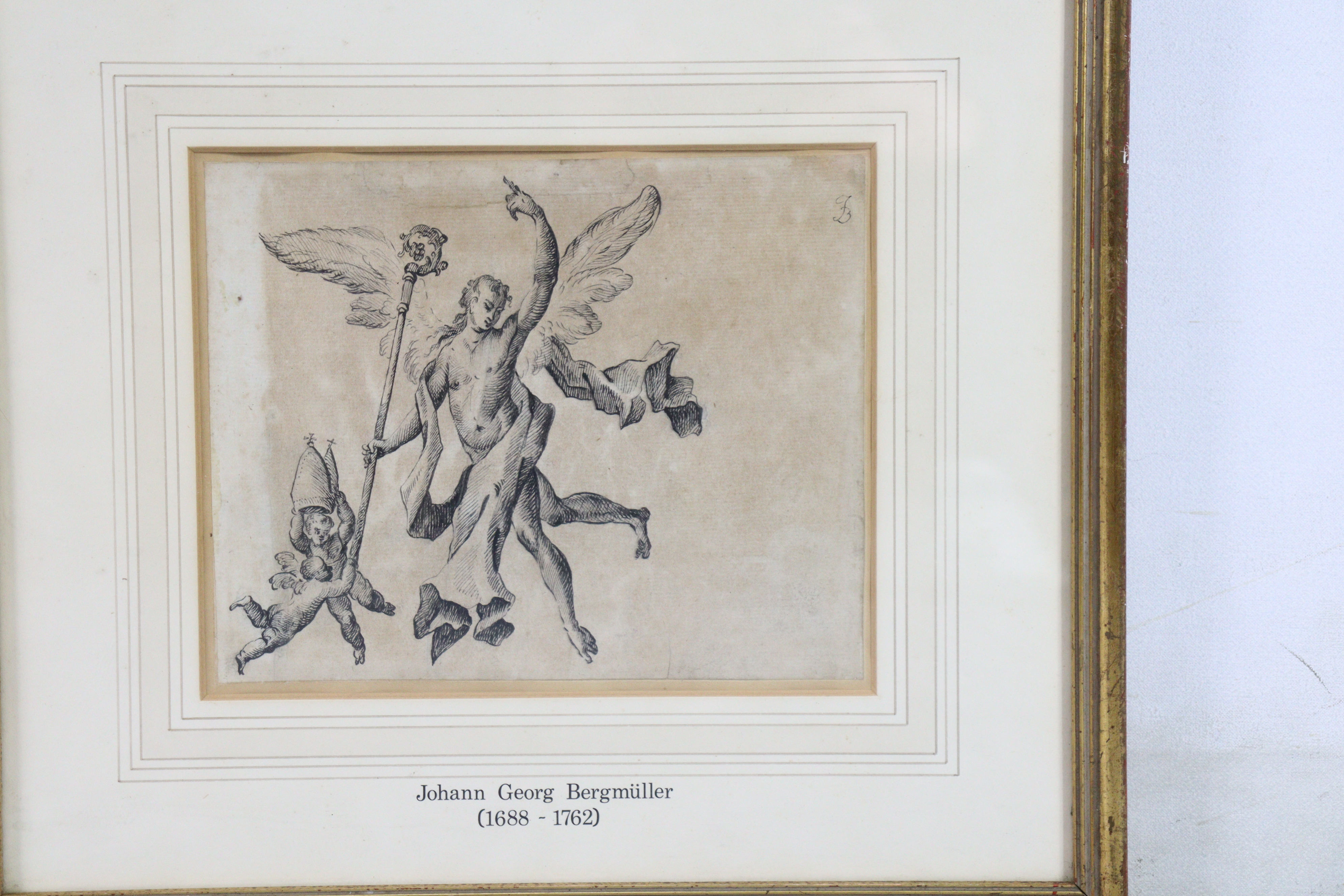 Attributed to JOHANN GEORGE BERGMÜLLER (1688-1762) A pair of pen drawings of winged harpies with - Image 3 of 6