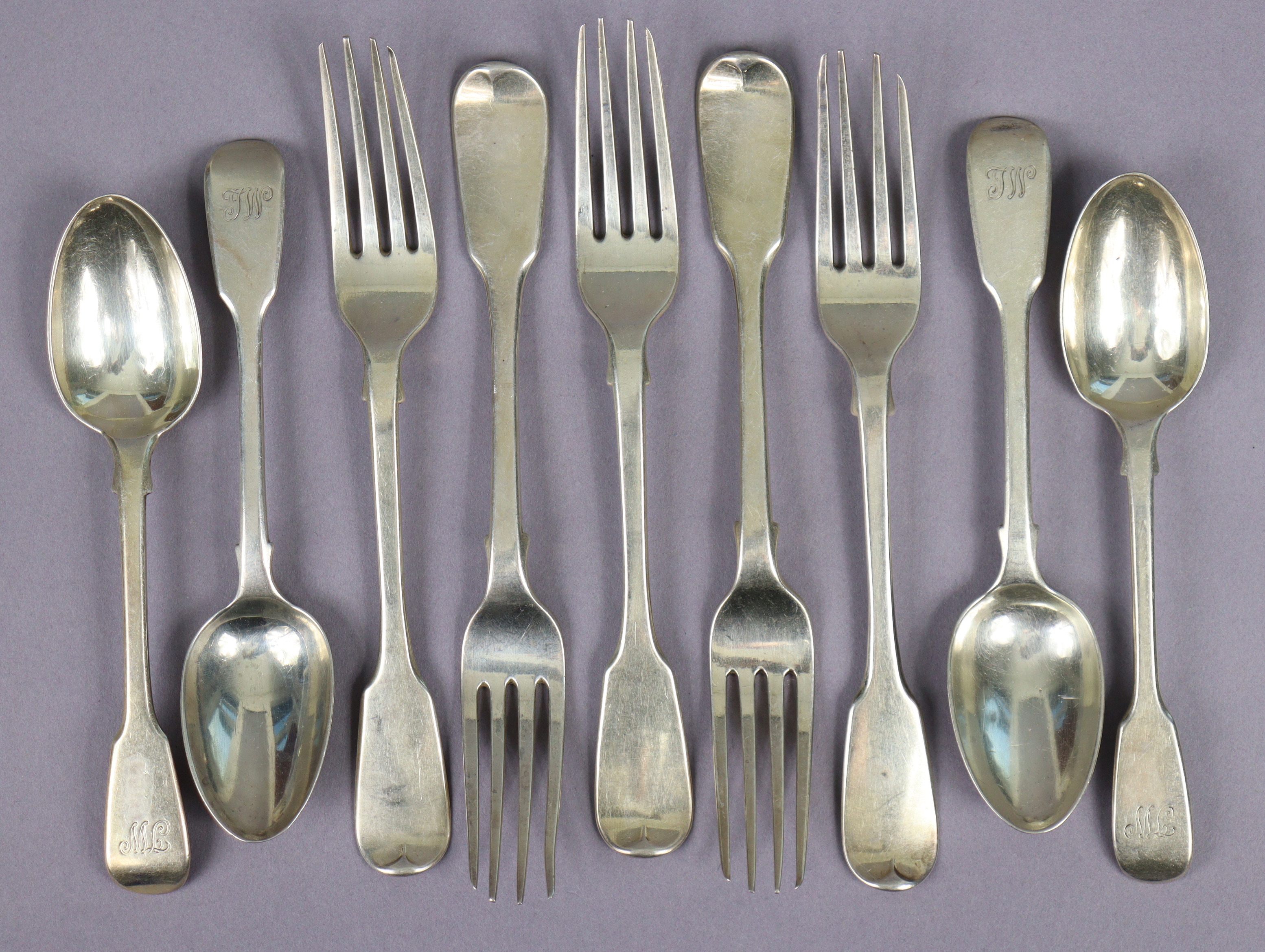 Five Victorian silver Fiddle pattern dessert forks, & four ditto teaspoons, London 1830 by Mary