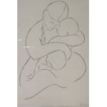 Four female nude line drawings in red & black ink, each signed “Kersen”; a female nude pencil