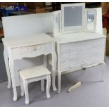 A continental-style white painted mahogany bow-front small chest fitted three long drawers, & on