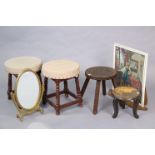 An early 20th century carved wooden stool with a circular seat, & on four square splay legs, 13”