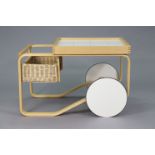 ARTEK (Finland) A 900 TEA TROLLEY, with tiled top & wicker under-tier; & on bentwood supports,