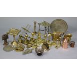 Two pairs of brass fire-dogs, a brass inkwell, a cast-iron doorstop, and various other items of