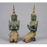 A pair of painted gilt-metal Thai kneeling Buddha figure, 13¼” high.