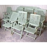 A pale green painted wooden garden table inset two marble panels to the rectangular top, with D-shap