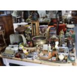 A walnut pipe-rack with six various pipes; a brass fluted jardinière; a portable typewriter; a brass